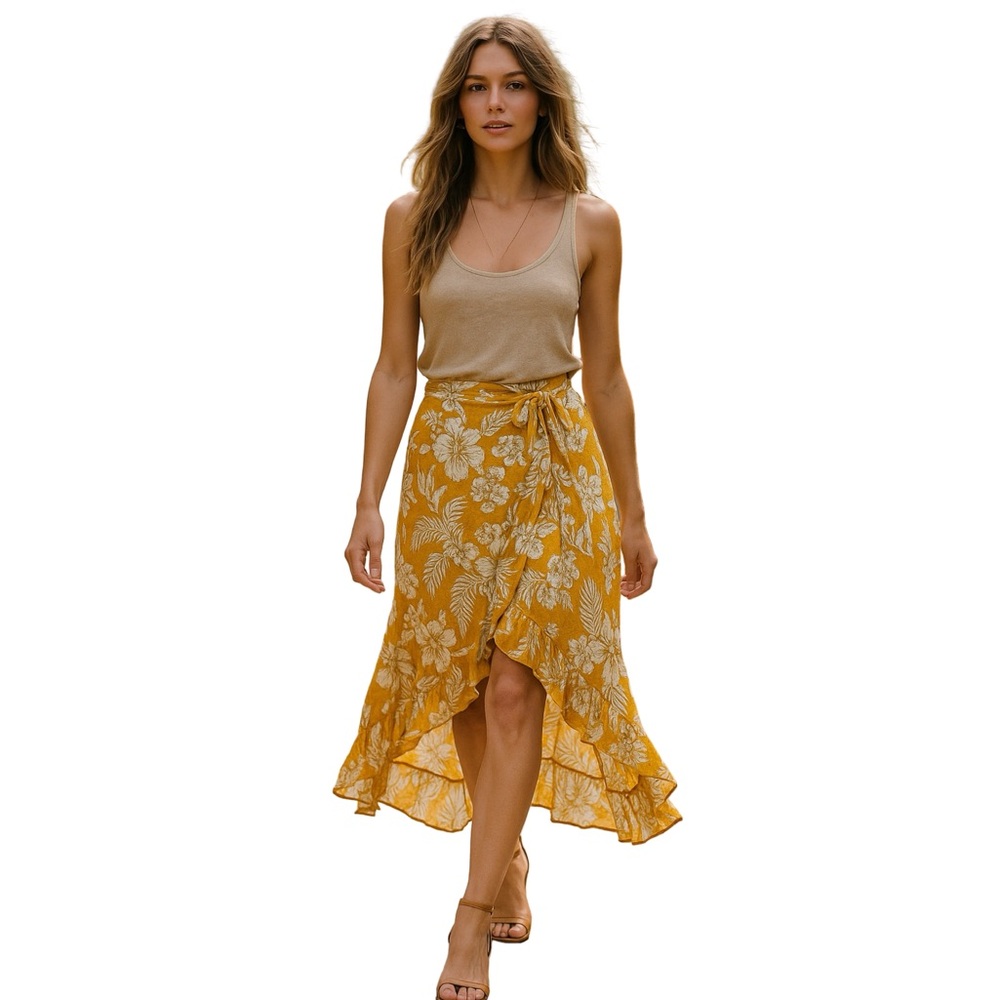 Solitaire Yellow & White High-Low Maxi Skirt Floral & Palm Tree Print Tropical